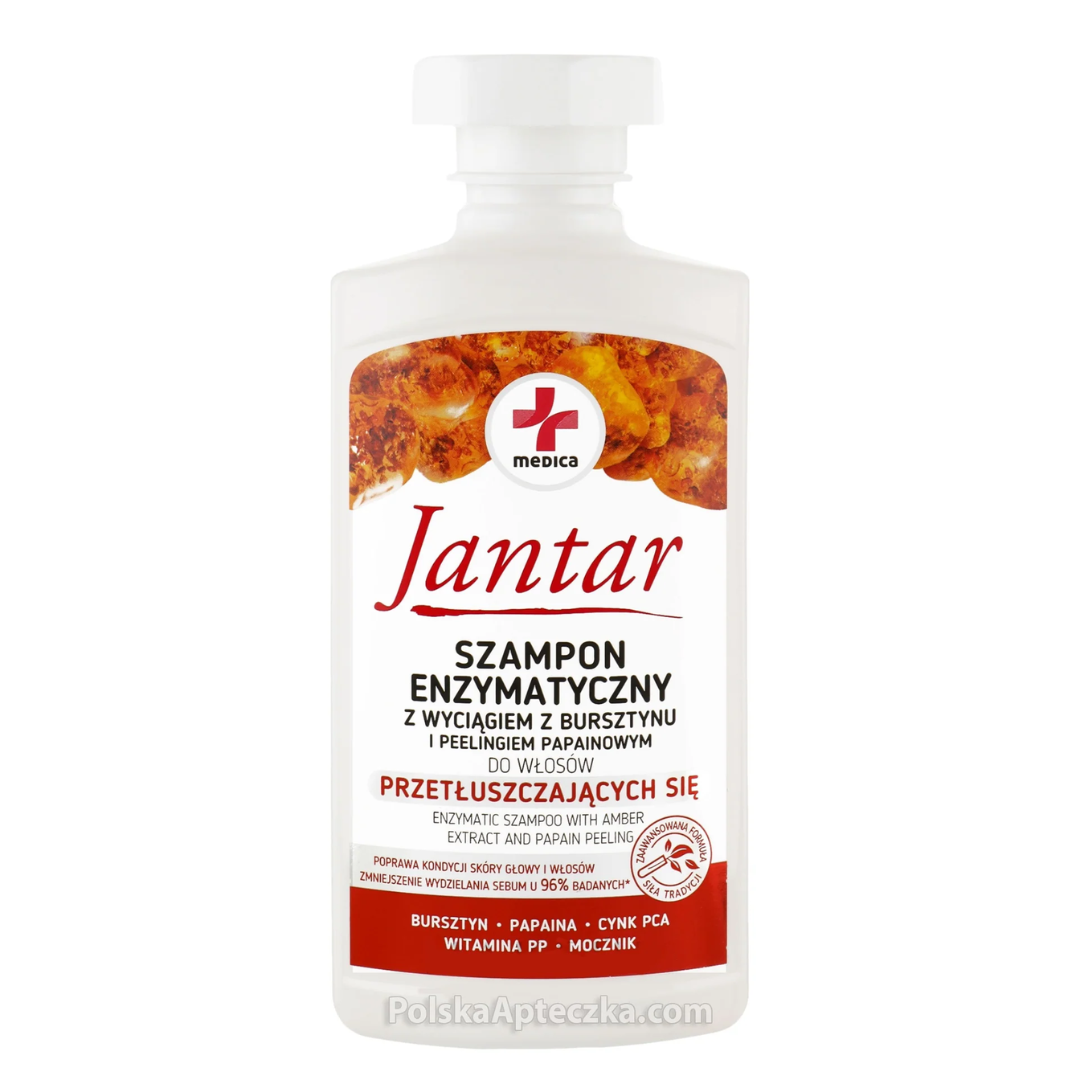 Bottle of Jantar Enzymatic Shampoo with amber extract and papain peeling for oily hair, 330ml.