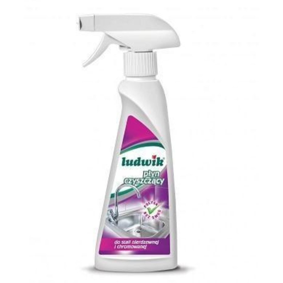 Bottle of Ludwik Cleaning Spray for stainless steel and chrome surfaces, 500ml.