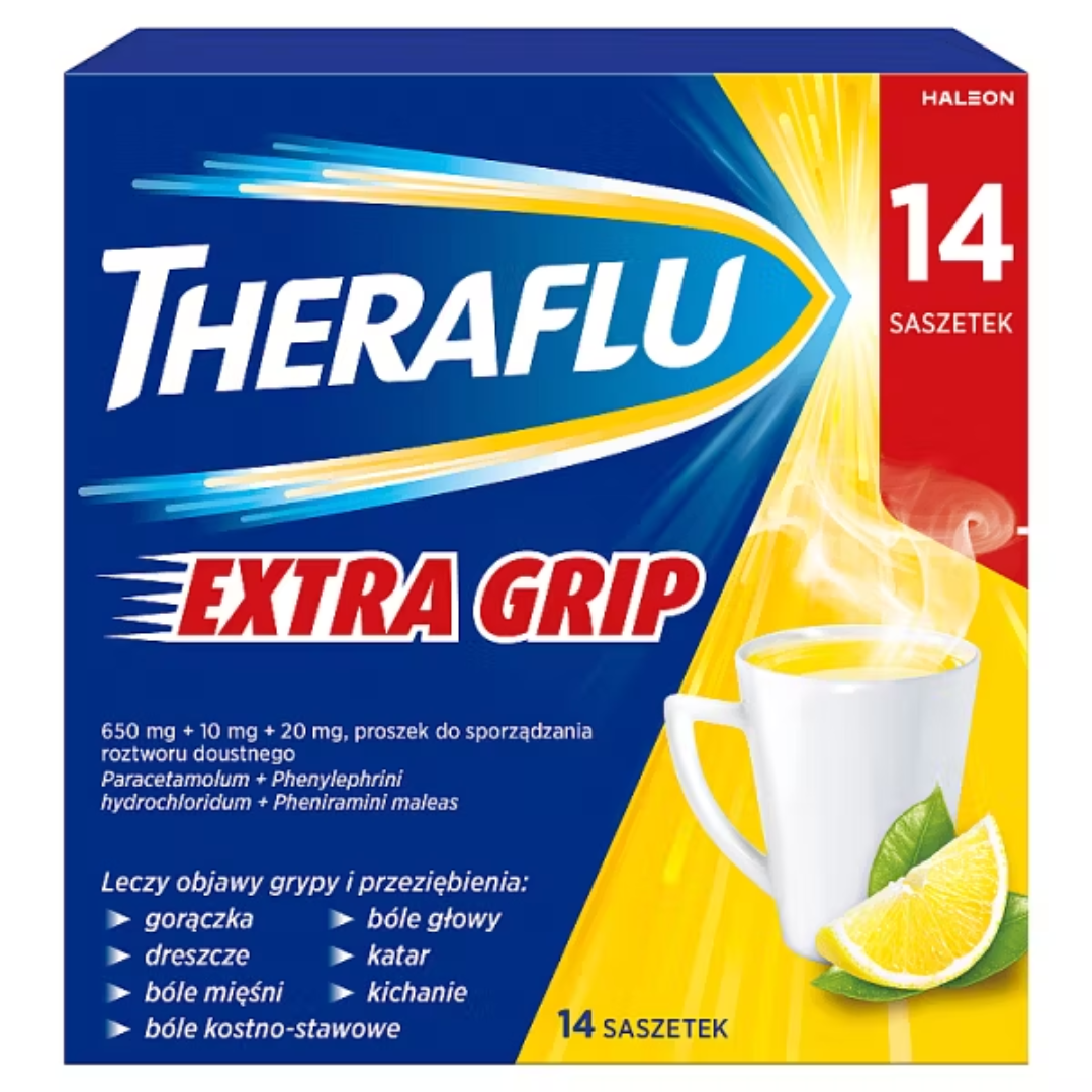 Theraflu Extra Grip 14 Sachets – Cold and Flu Hot Drink Powder with Paracetamol, Phenylephrine & Pheniramine