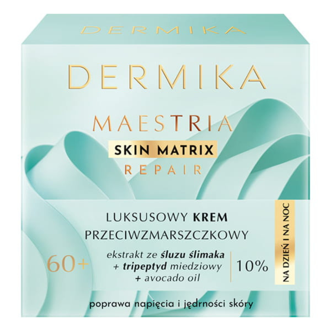 Mint green box of Dermika Maestria Skin Matrix Repair 60+ Anti-Wrinkle Cream with snail extract and peptides.