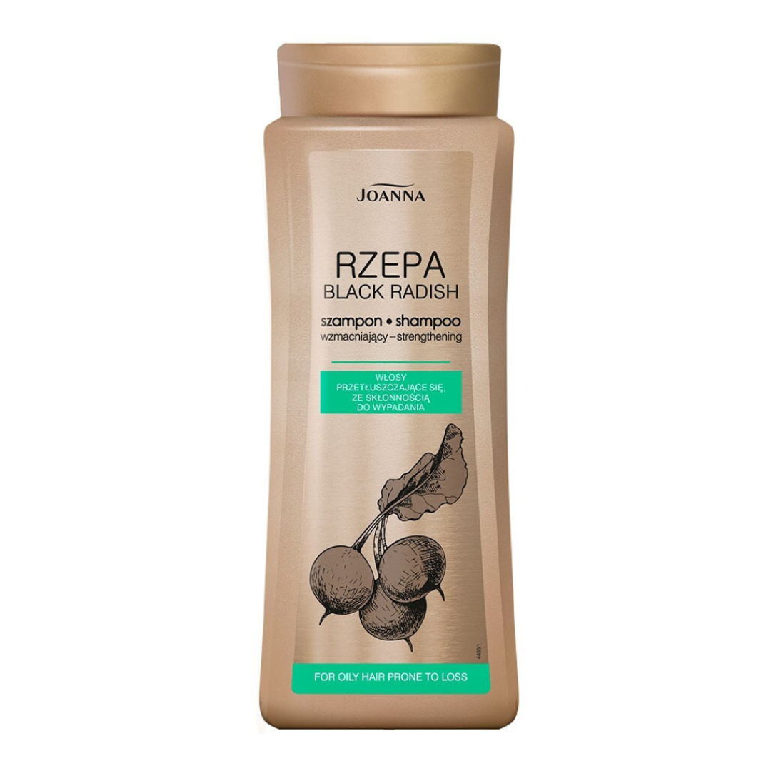 200ml bottle of Joanna Black Radish Strengthening Shampoo for oily and thinning hair.
