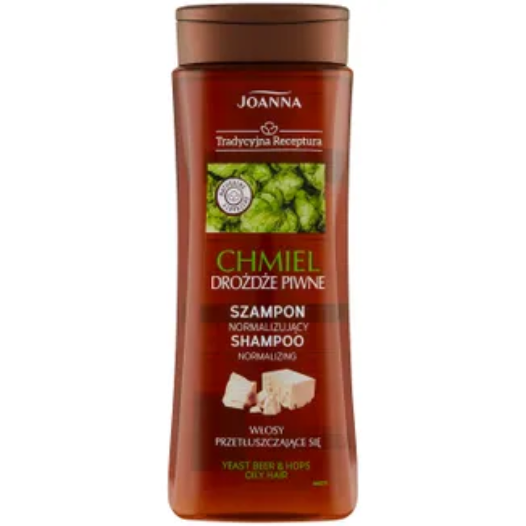 Brown bottle of Joanna Traditional Recipe Hops & Beer Yeast Normalizing Shampoo for oily hair, 200ml.