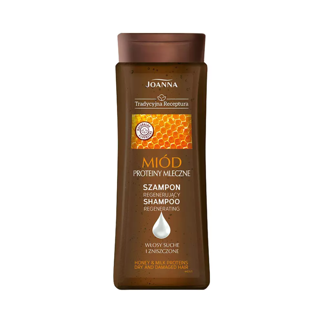 Brown bottle of Joanna Traditional Recipe Honey & Milk Proteins Regenerating Shampoo for dry and damaged hair, 200ml.