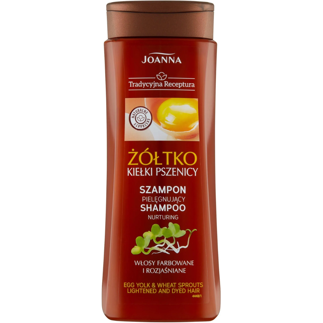 Brown bottle of Joanna Traditional Recipe Egg Yolk & Wheat Sprouts Shampoo for dyed and lightened hair, 200ml.
