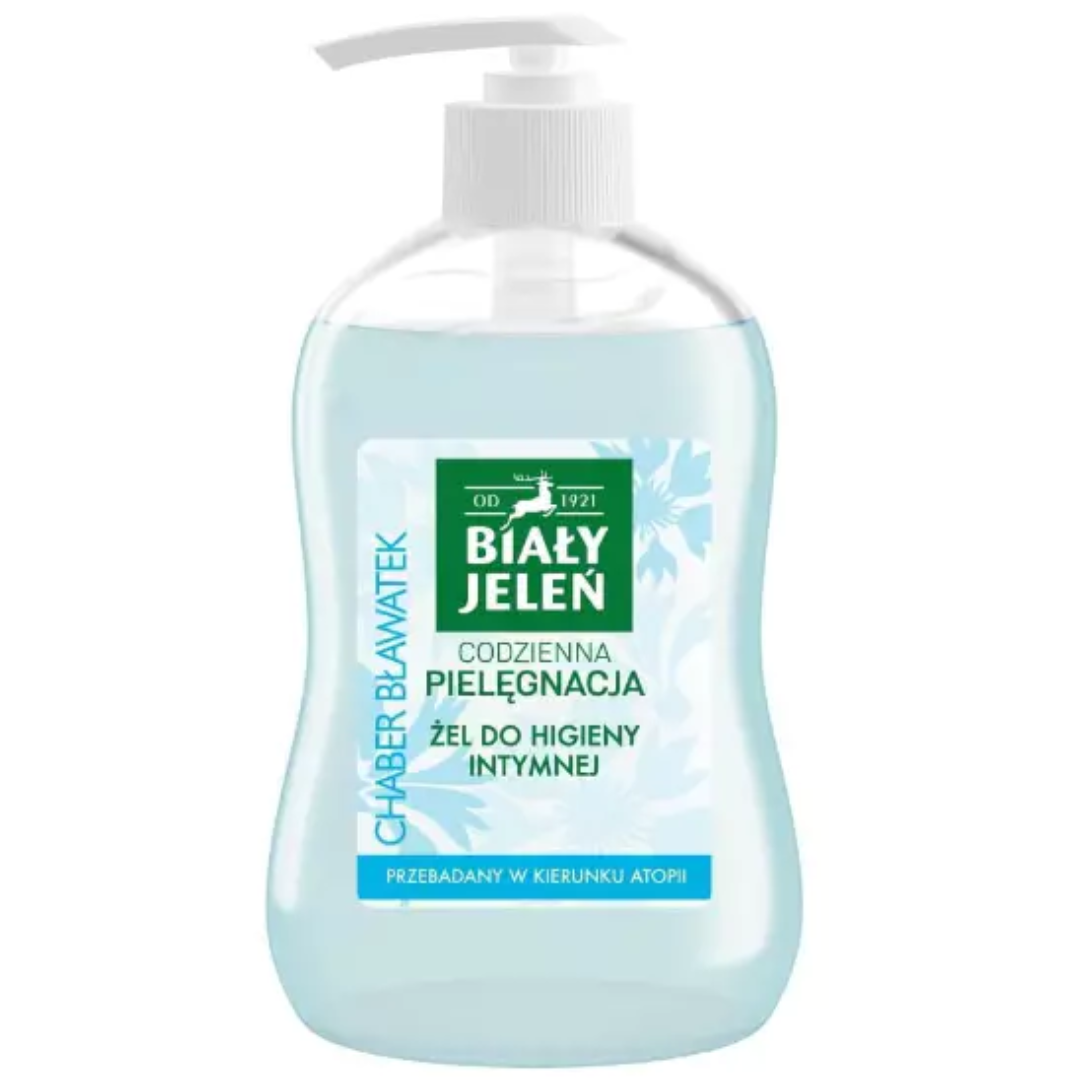 Bottle of Biały Jeleń Intimate Hygiene Gel with Cornflower for daily care, 500ml pump.