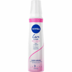 Bottle of NIVEA Care & Hold Soft Touch Caring Mousse with heat protection and flexible hold, 150ml.