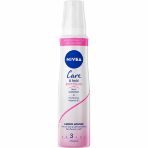 Bottle of NIVEA Care & Hold Soft Touch Caring Mousse with heat protection and flexible hold, 150ml.
