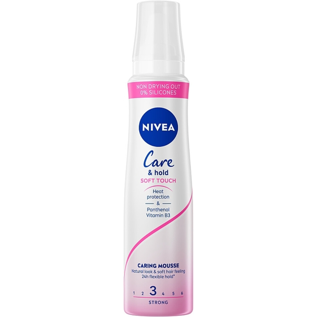 Bottle of NIVEA Care & Hold Soft Touch Caring Mousse with heat protection and flexible hold, 150ml.