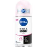 Bottle of NIVEA Black & White Invisible Clear Anti-Perspirant Roll-On, 72h protection, 50ml.