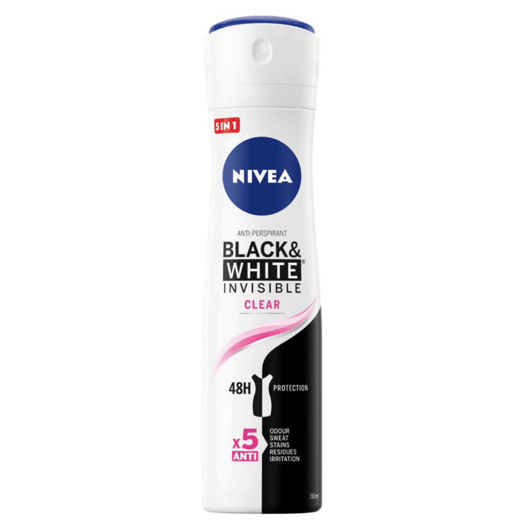 NIVEA Black & White Invisible Clear Anti-Perspirant Spray 150ml – 5-in-1 protection and 48h freshness.