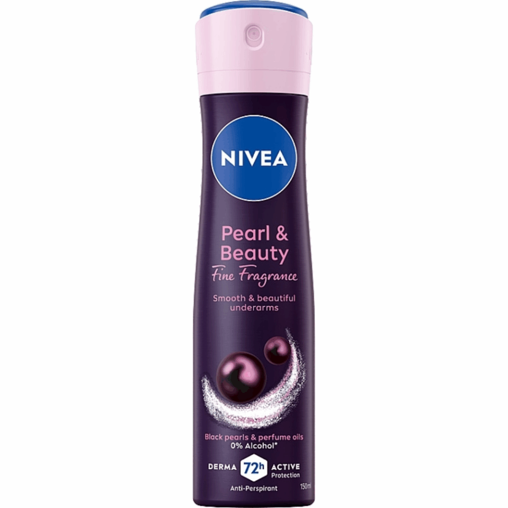 NIVEA Pearl & Beauty Fine Fragrance Anti-Perspirant Spray 150ml – black pearls, 72h protection, and smooth underarms.