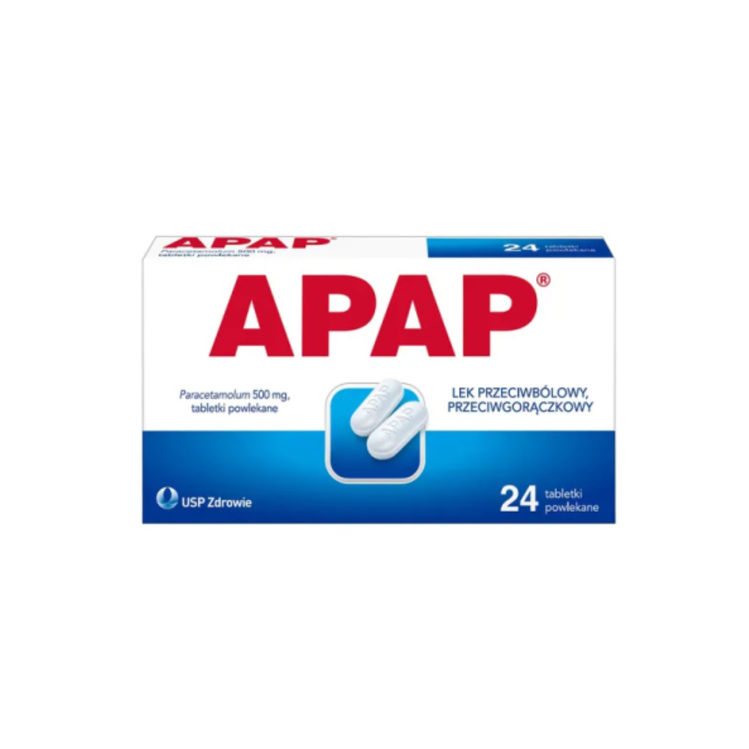 Box of APAP Pain Relief Tablets, 500mg Paracetamol, 24 coated tablets