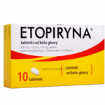 Box of Etopiryna headache relief tablets, 10 tablets containing aspirin, ethenzamide, and caffeine