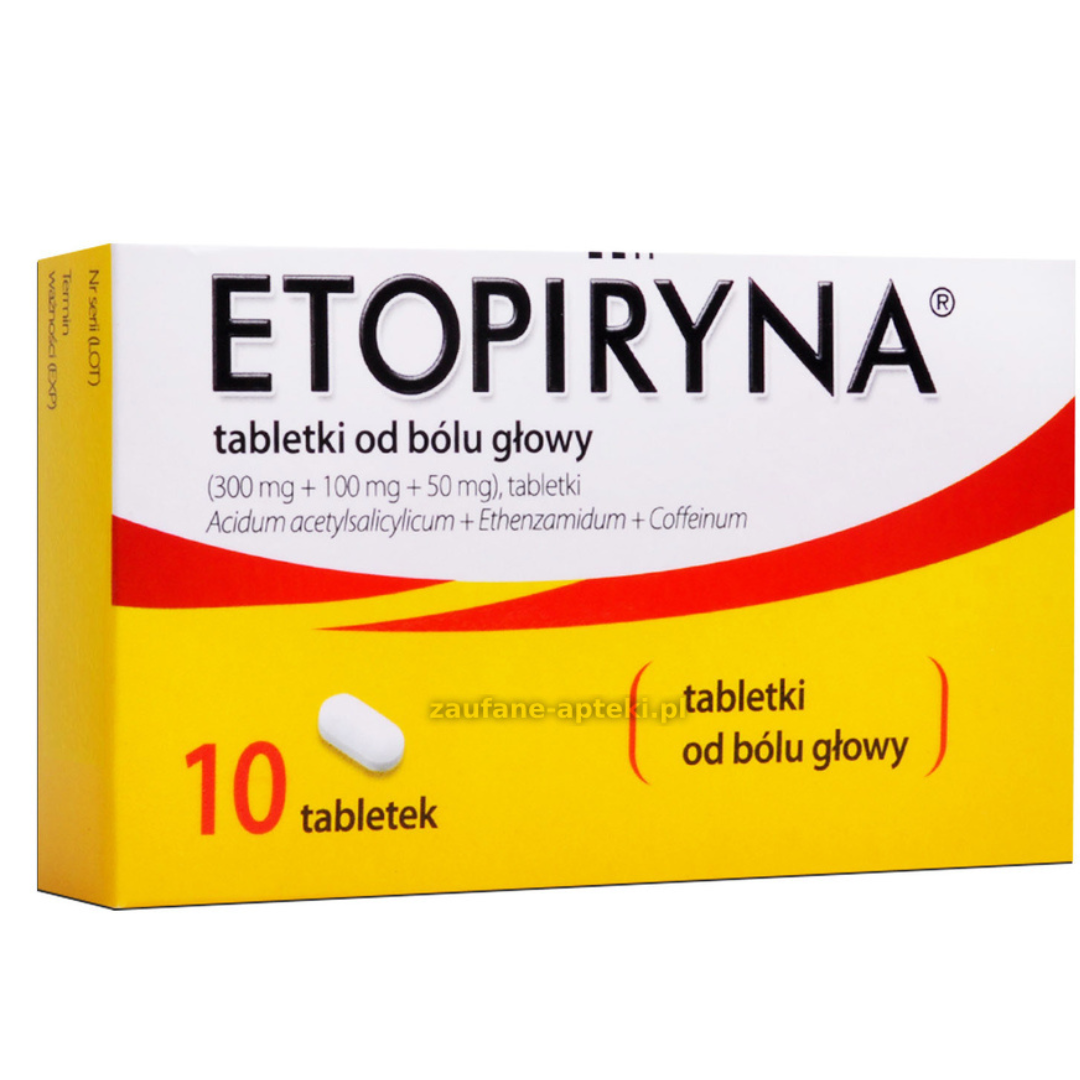 Box of Etopiryna headache relief tablets, 10 tablets containing aspirin, ethenzamide, and caffeine
