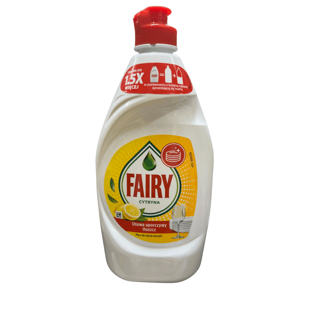 Bottle of Fairy Lemon Dishwashing Liquid, 450ml, with red cap and citrus scent