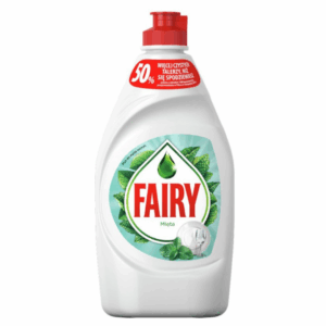 Bottle of Fairy Dishwashing Liquid, mint scent, 450ml, with red cap