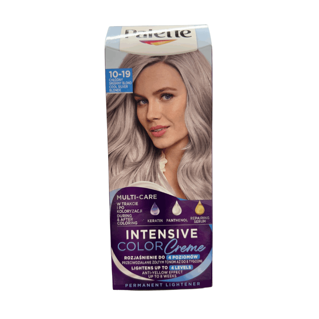 Box of Palette Intensive Color Creme 10-19 Cool Silver Blonde hair dye, permanent lightener with anti-yellow effect