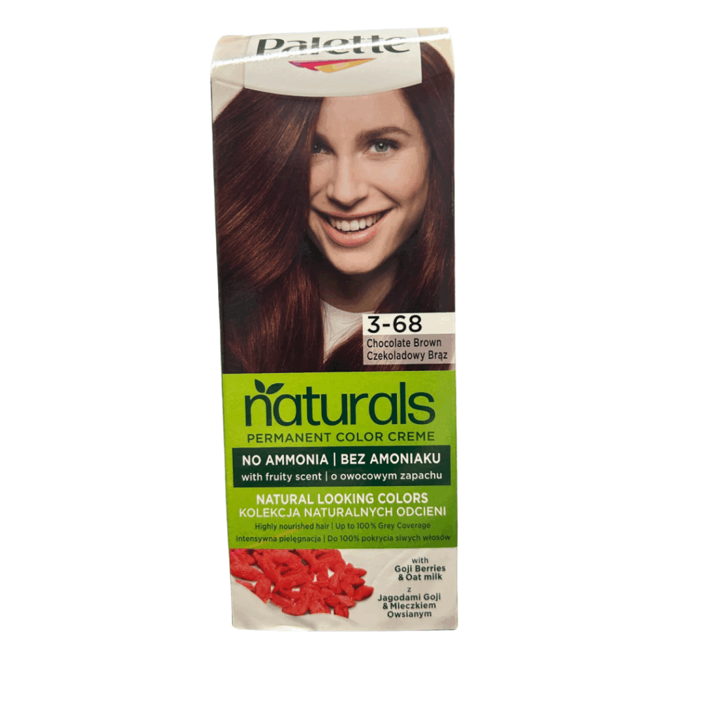 Box of Schwarzkopf Palette Naturals 3-68 Chocolate Brown permanent hair dye with goji berries and oat milk