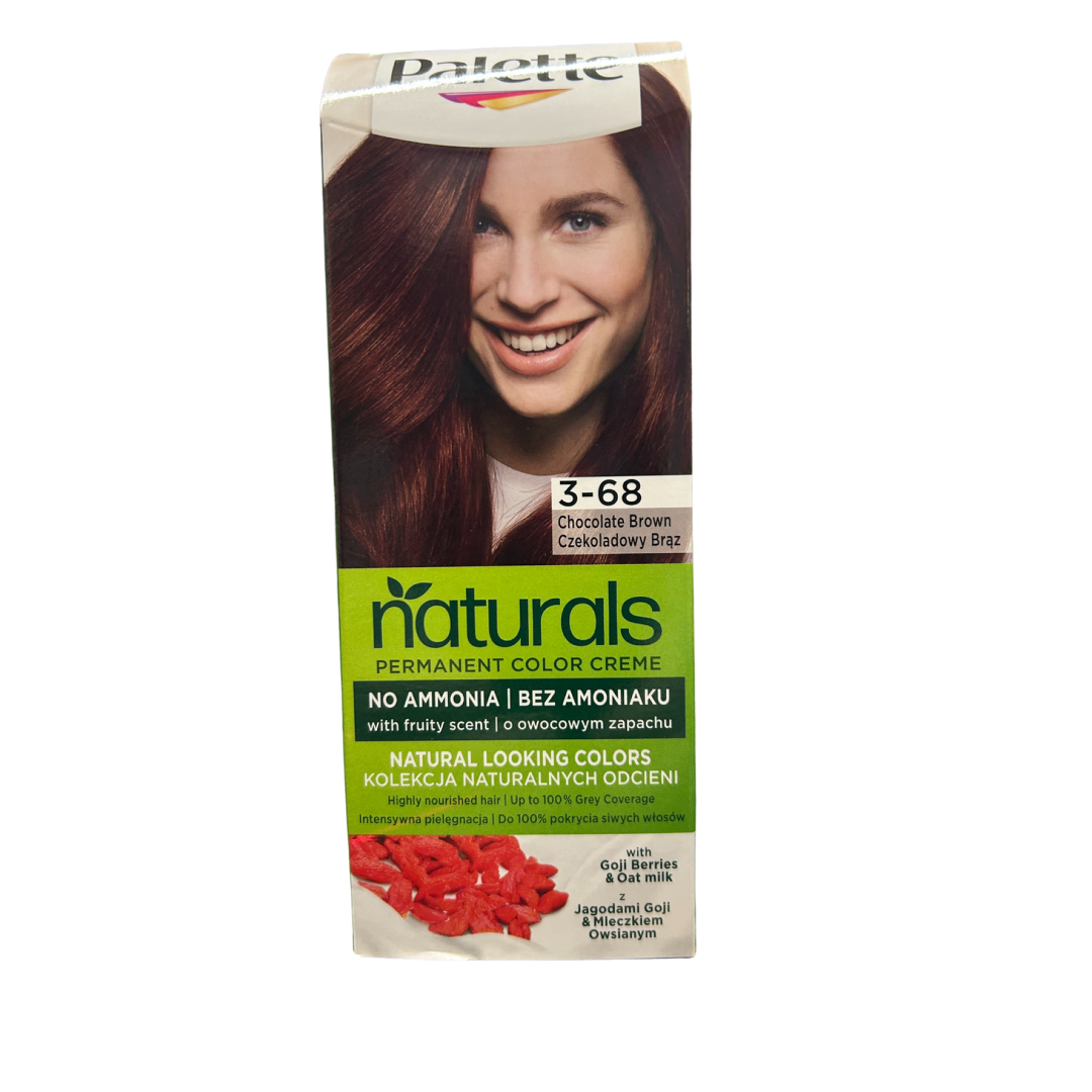 Box of Schwarzkopf Palette Naturals 3-68 Chocolate Brown permanent hair dye with goji berries and oat milk