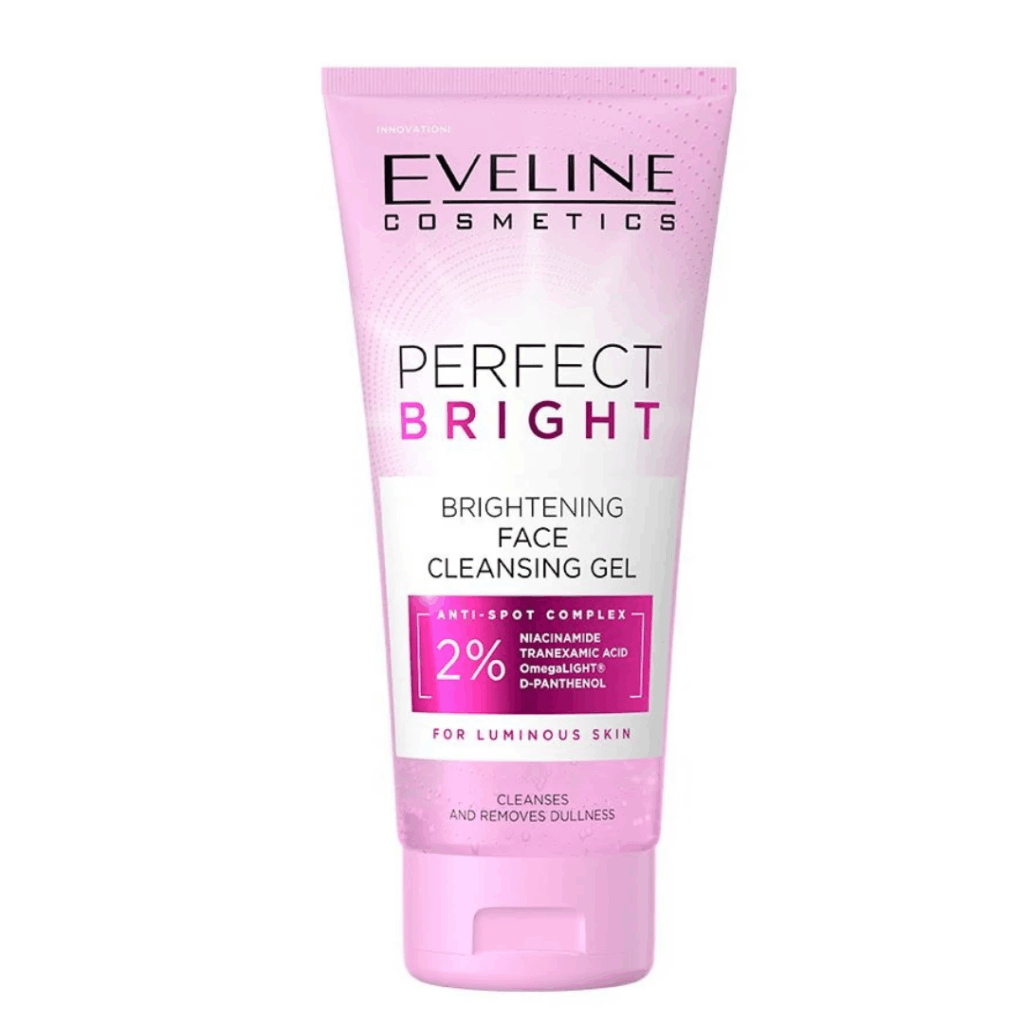 Tube of Eveline Cosmetics Perfect Bright Brightening Face Cleansing Gel with Anti-Spot Complex, pink packaging
