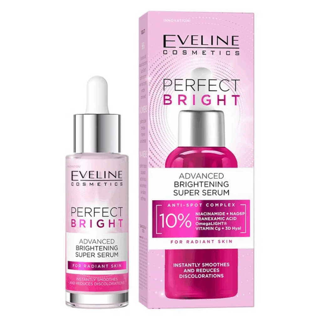 Bottle and box of Eveline Cosmetics Perfect Bright Advanced Brightening Super Serum with 10% Anti-Spot Complex