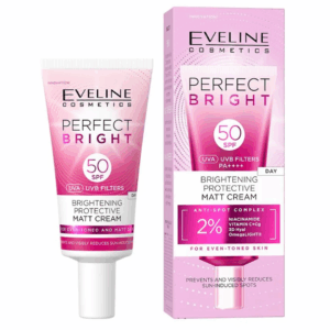 Tube and box of Eveline Cosmetics Perfect Bright SPF 50 Brightening Protective Matt Cream with UVA and UVB filters