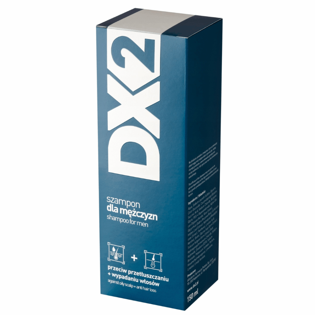 DX2 Anti-Hair Loss Shampoo for Men 150 ml in a dark blue box with white text.