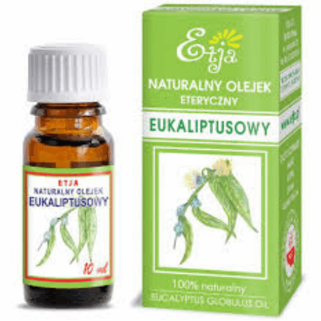 Etja Natural Eucalyptus Essential Oil 10ml bottle with green box featuring eucalyptus plant illustration.
