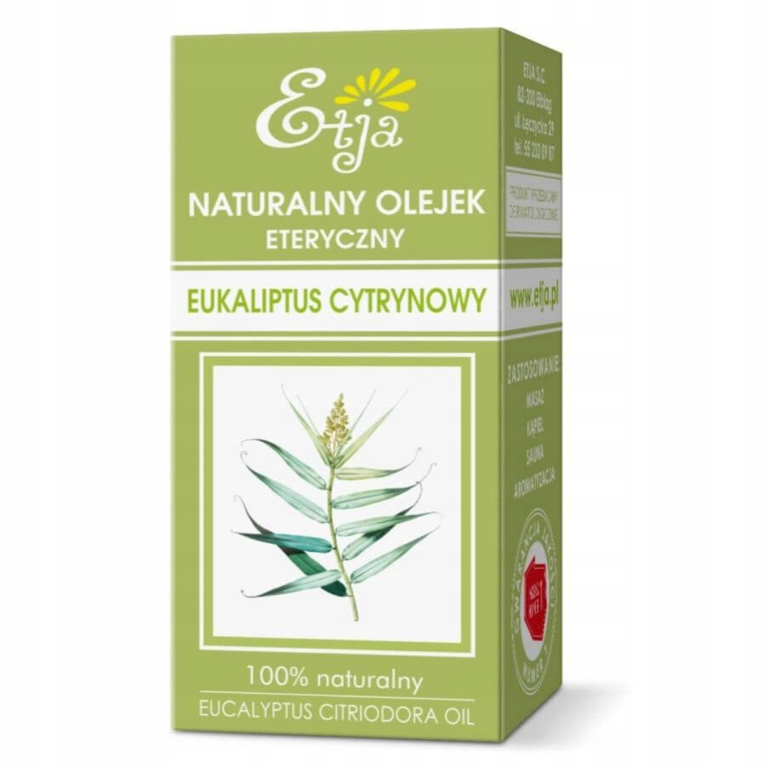 Etja Natural Lemon Eucalyptus Essential Oil 10ml green box with eucalyptus leaf illustration.