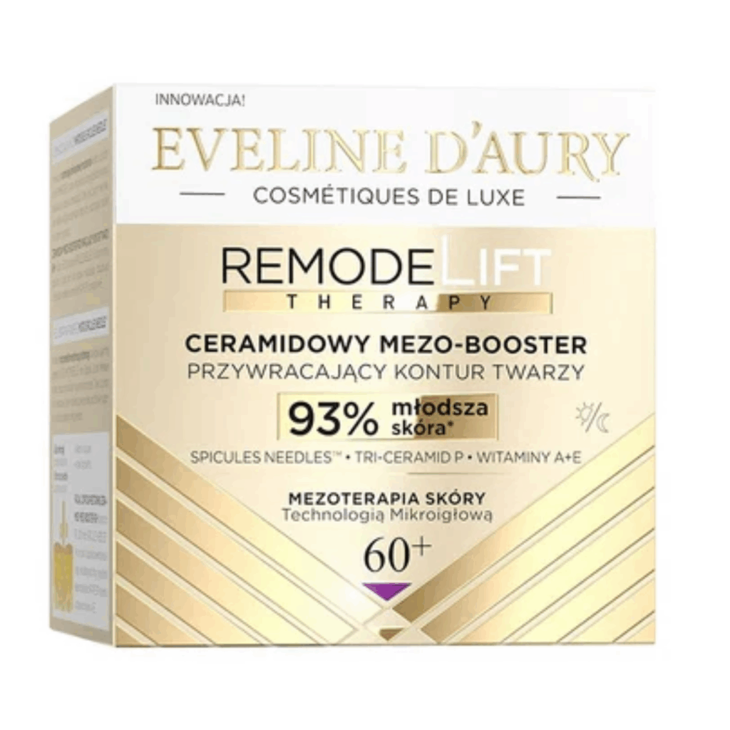 Eveline D’Aury Remodelift Ceramide Meso-Booster Cream 60+ in gold and white box packaging, 50ml.