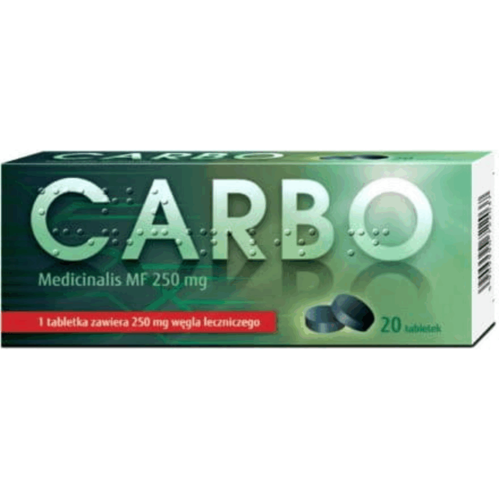 Box of Carbo Medicinalis MF 250mg activated charcoal tablets, green packaging with 20 tablets.