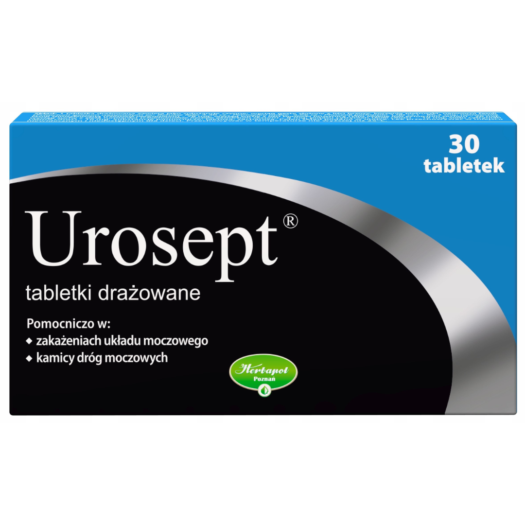 Box of Urosept coated tablets by Herbapol Poznań, 30 tablets, for urinary tract support.