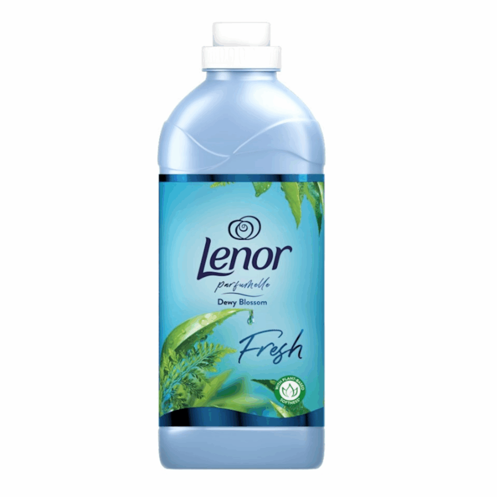 Lenor Dewy Blossom Fresh Fabric Softener 1,420ml bottle with light blue and green floral design.