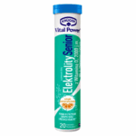 Tube of Krüger Vital Power Electrolyte Senior with Vitamin D3 2000 IU, orange flavor, 20 effervescent tablets.
