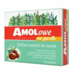 Box of Amolowe na Gardło herbal throat lozenges, 10 pastilles, green and red packaging with herbal illustrations.