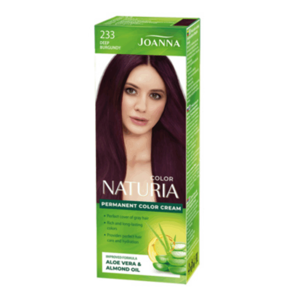 Box of Joanna Naturia Color 233 Deep Burgundy permanent hair color cream with model image and green packaging.