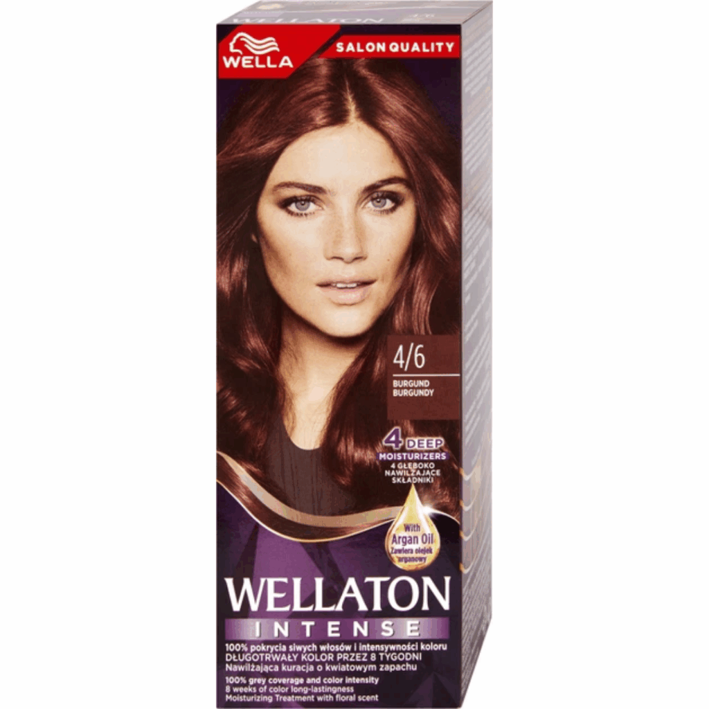 Box of Wella Wellaton Intense 4/6 Burgundy permanent hair dye with model image on packaging.