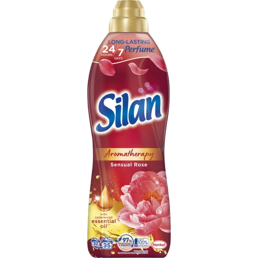 Silan Aromatherapy Sensual Rose fabric softener bottle with essential oils and 24/7 long-lasting perfume.