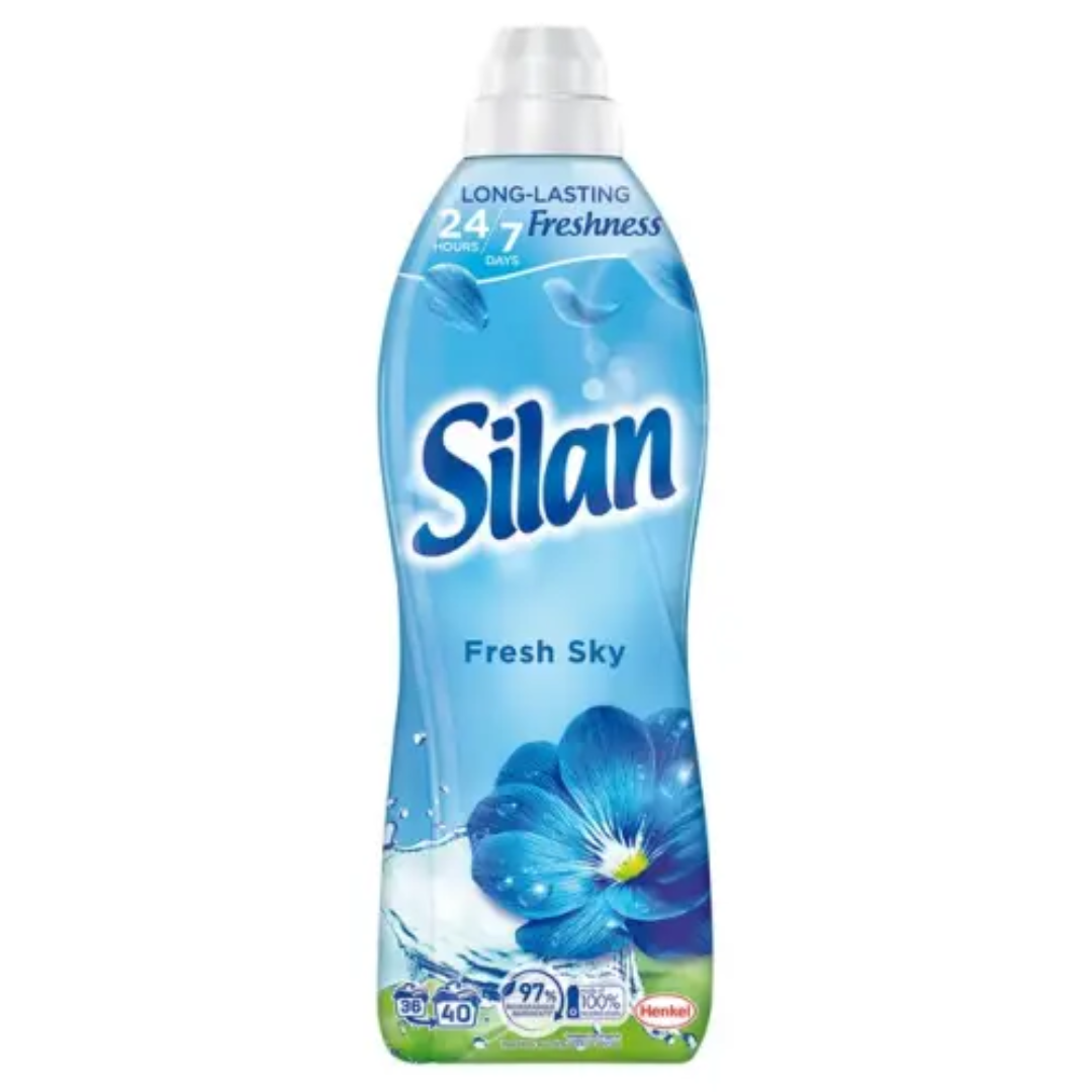 Silan Fresh Sky fabric softener bottle with long-lasting 24/7 freshness and blue floral design.
