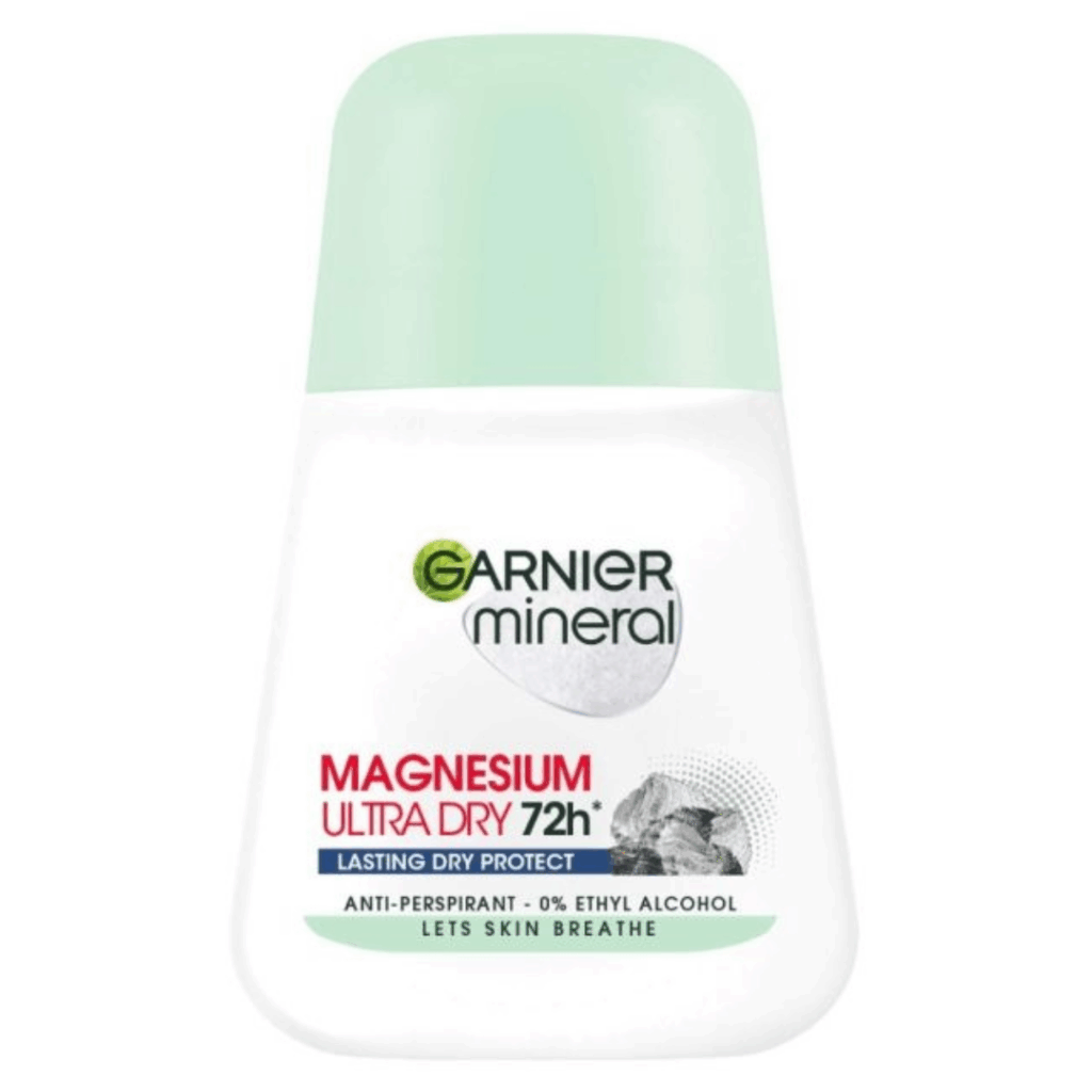 Garnier Mineral Magnesium Ultra Dry 72H anti-perspirant roll-on 50ml with 0% ethyl alcohol.