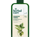 Bottle of Herbal Care hop shampoo for dull hair, green packaging with botanical illustration of hop plant