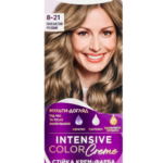 Palette Intensive Color Creme hair dye box shade 8-21 ash blonde with model showing cool toned blonde hair