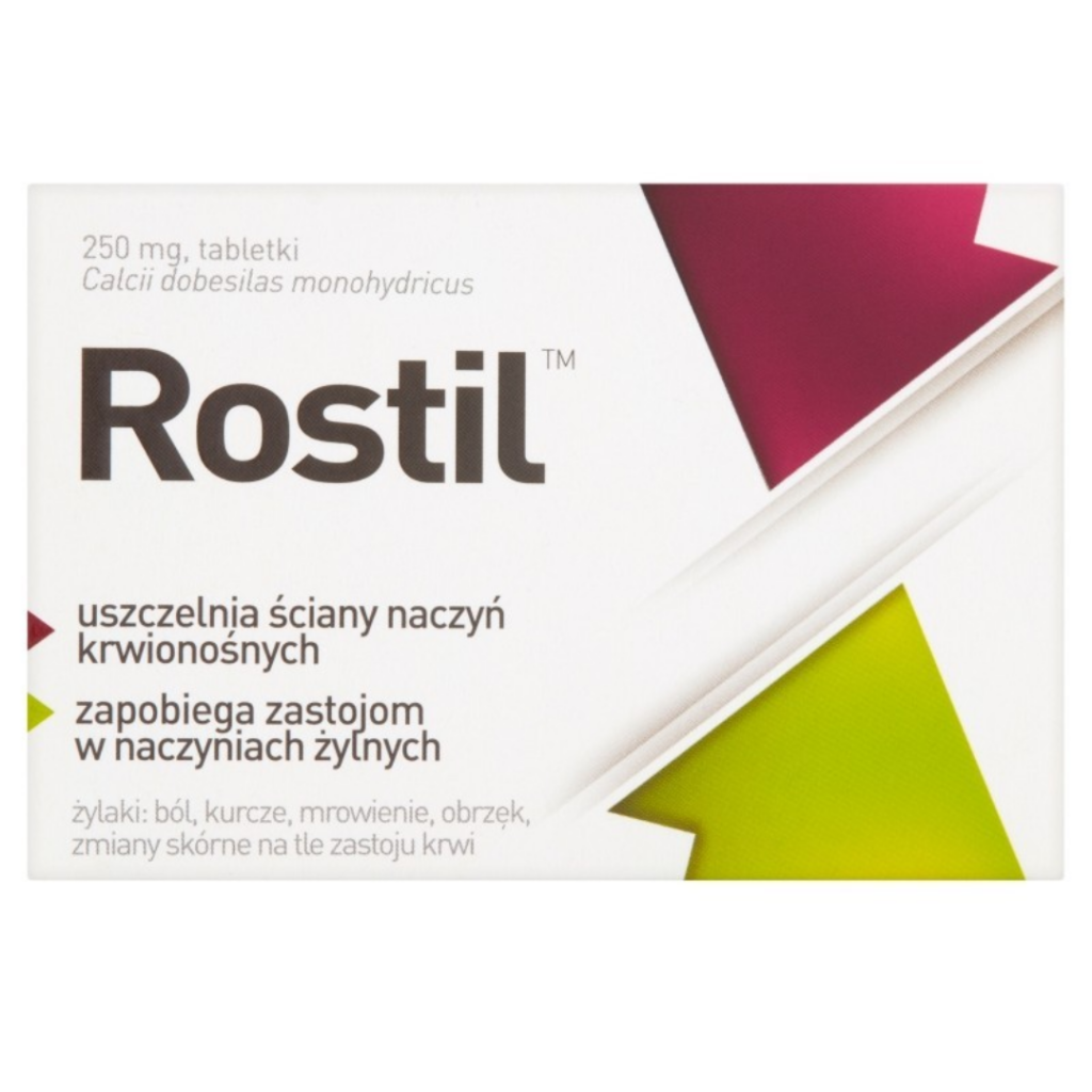 Rostil 250 mg tablets packaging with calcium dobesilate, white box with colored arrow design