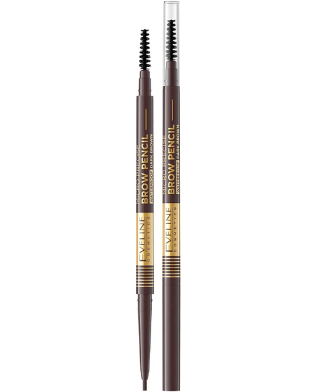 Eveline Cosmetics Brow Pencil in dark brown with precision eyebrow tip and built-in spoolie brush.