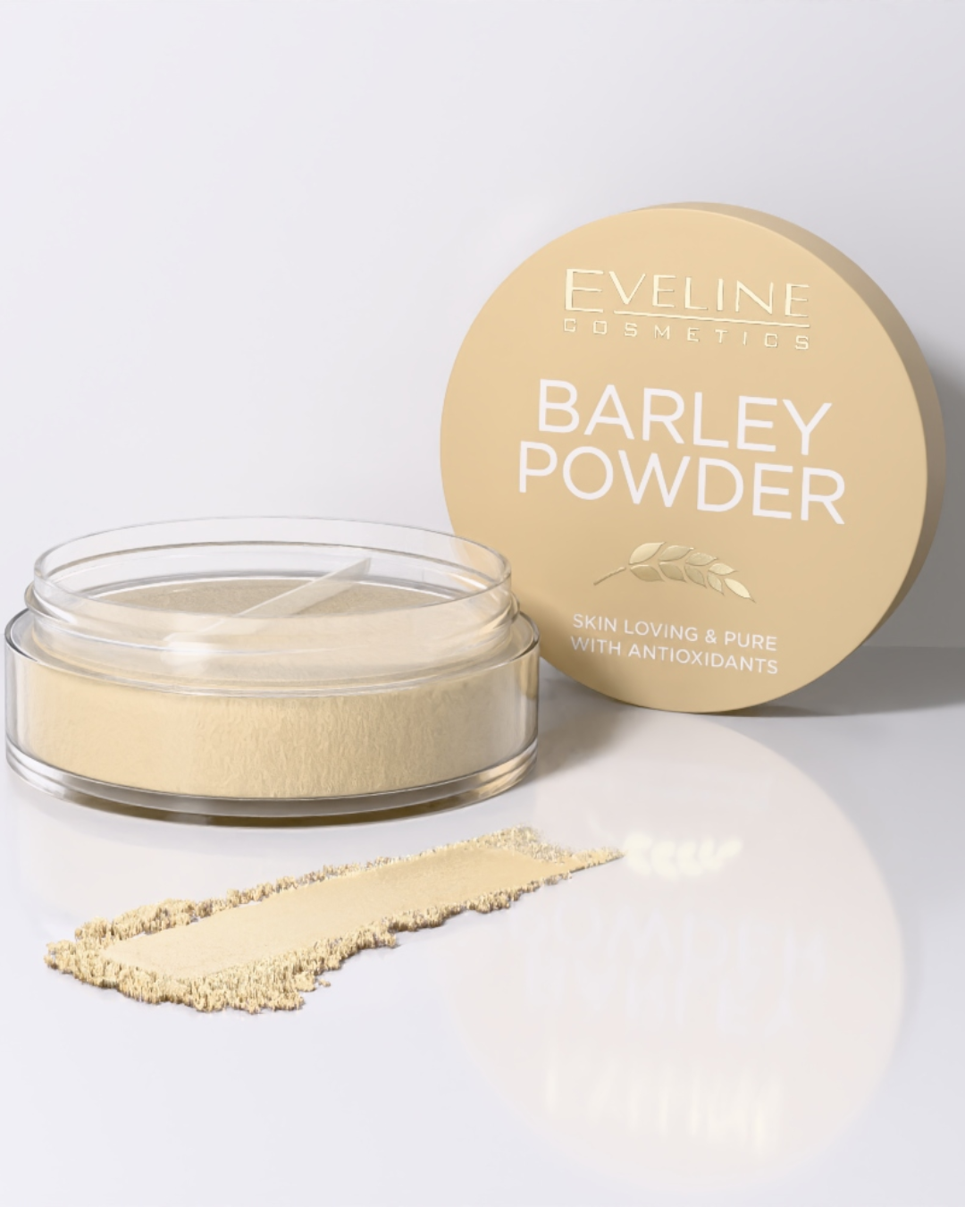 Eveline Cosmetics Barley Powder loose face powder in a clear jar with beige lid, shown with powder texture and applicator.