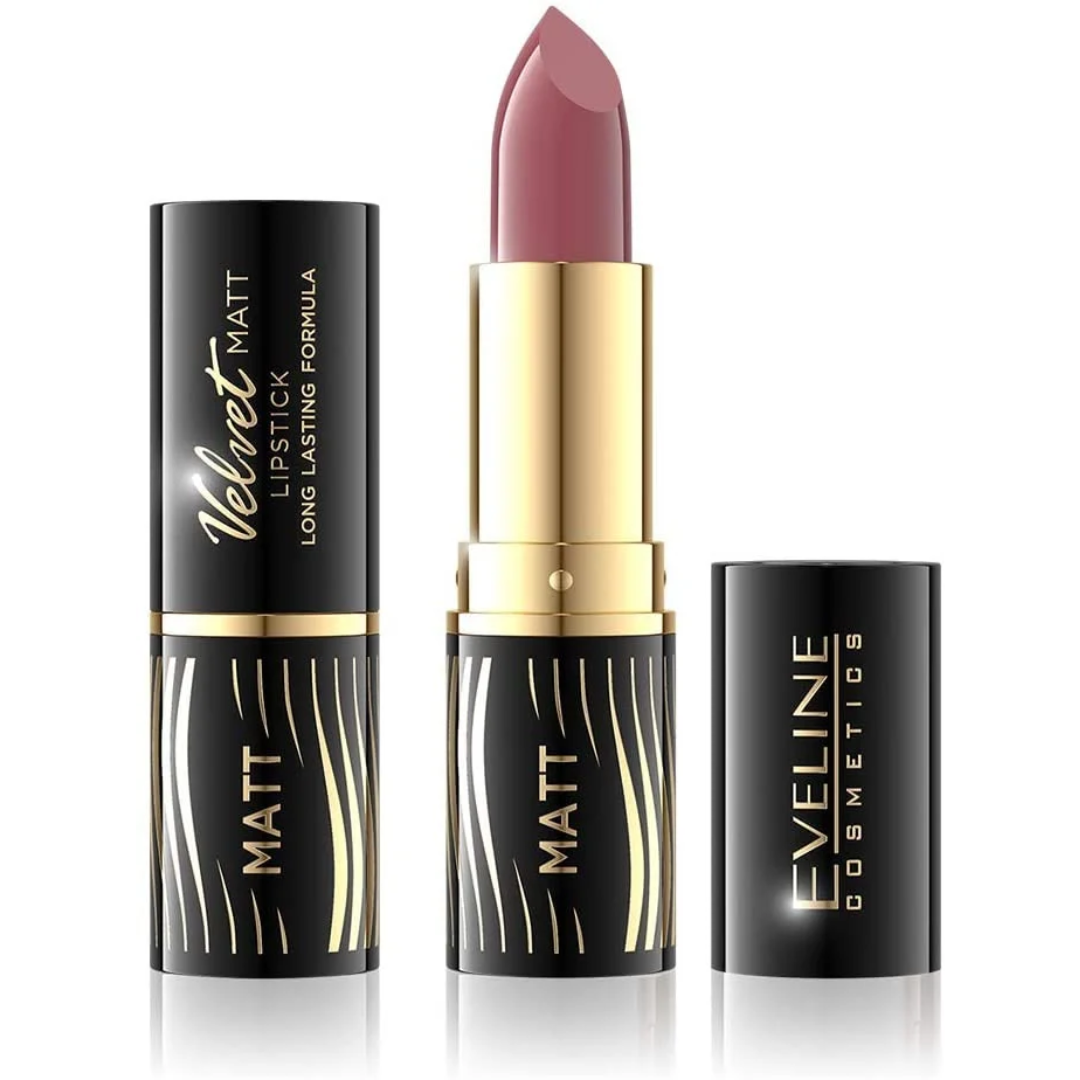 Eveline Cosmetics Velvet Matt lipstick shade 501 in black and gold packaging with mauve pink lipstick bullet