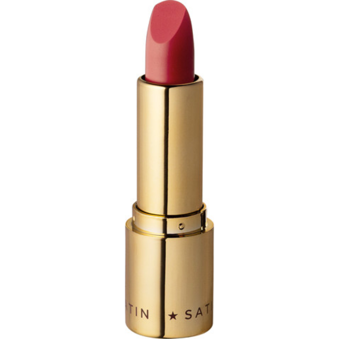 Eveline Cosmetics Celebrity Lips Satin lipstick shade 501 in gold packaging with rosy mauve lipstick bullet