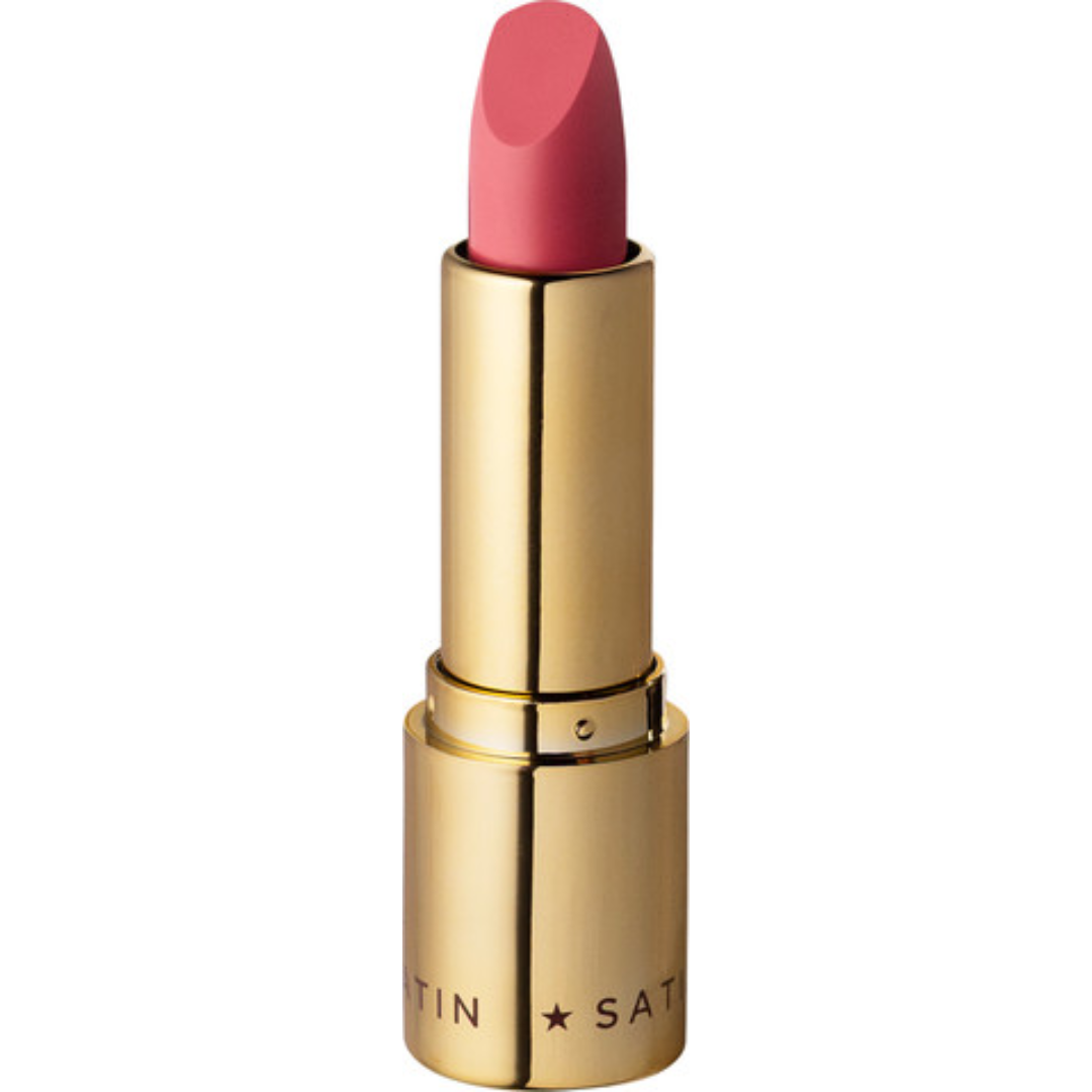 Eveline Cosmetics Celebrity Lips Satin lipstick shade 511 in gold packaging with pink rose lipstick bullet