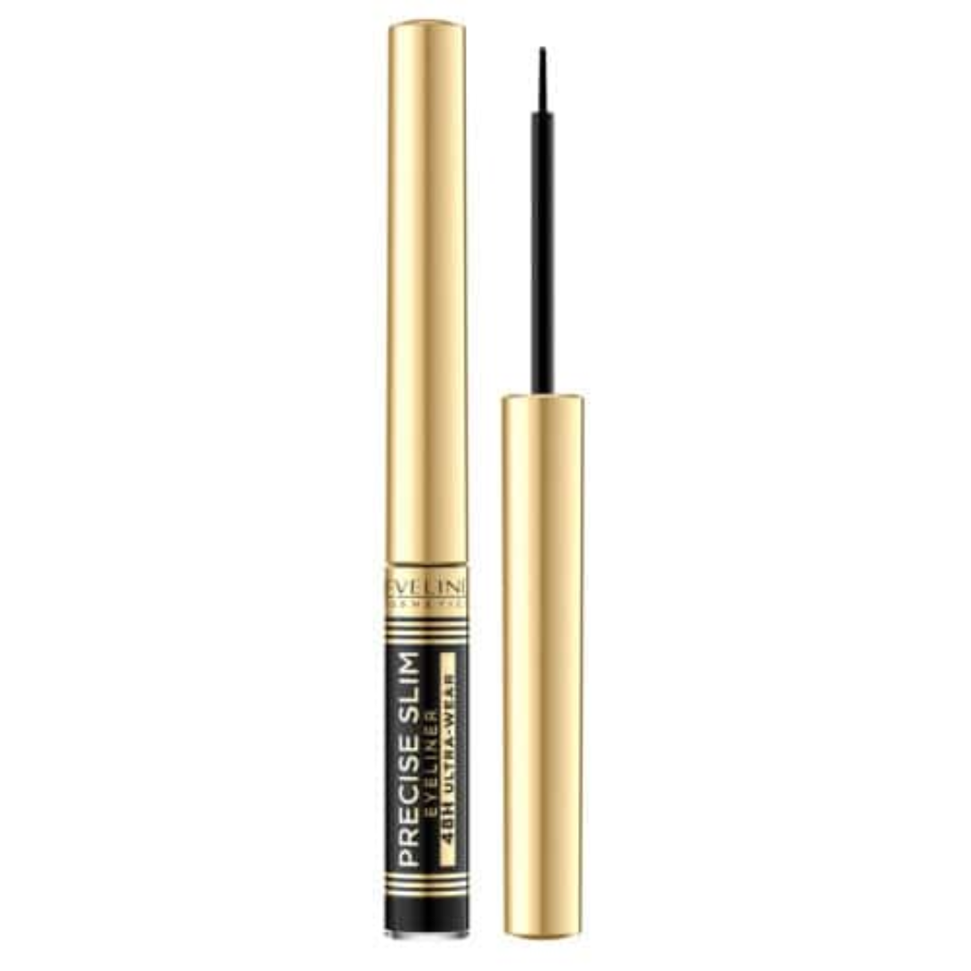 Eveline Cosmetics Precise Slim 48H Ultra-Waterproof Eyeliner in gold packaging with ultra-fine precision applicator