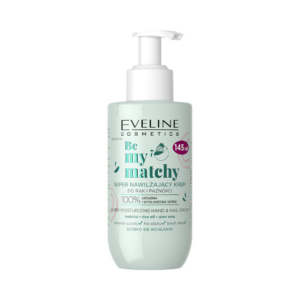 Eveline Cosmetics Be My Matchy Super Moisturizing Hand and Nail Cream 145ml in a mint-green pump bottle with matcha, rice oil, and aloe vera.